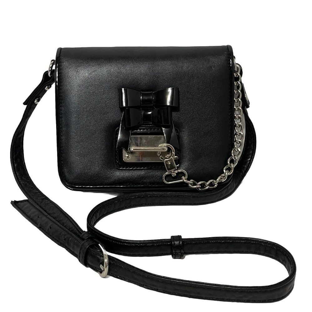 Stunning Designer AH Black Leather Crossbody Purse Bows Chain Goth Punk Handbag